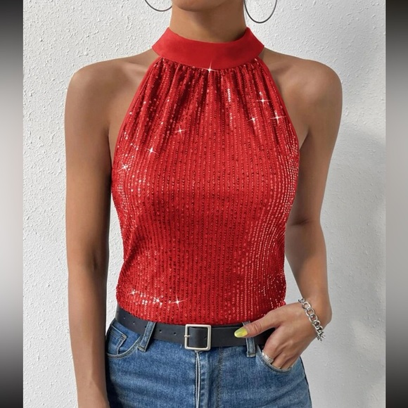 Luxe Sequin Halter Party Evening Holiday Top - Picture 11 of 12